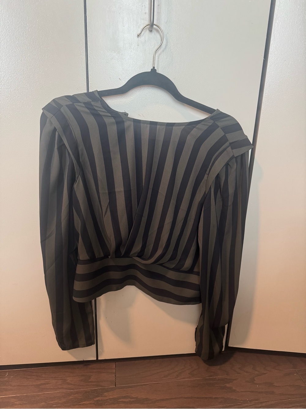 Express  Olive Green & Black Striped Puff Sleeve Cropped Blouse